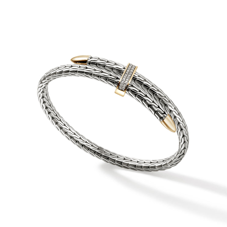 Spear 14K Gold & Silver 0.24cttw Diamond Pave Bypass Flex Cuff Sz M by John Hardy