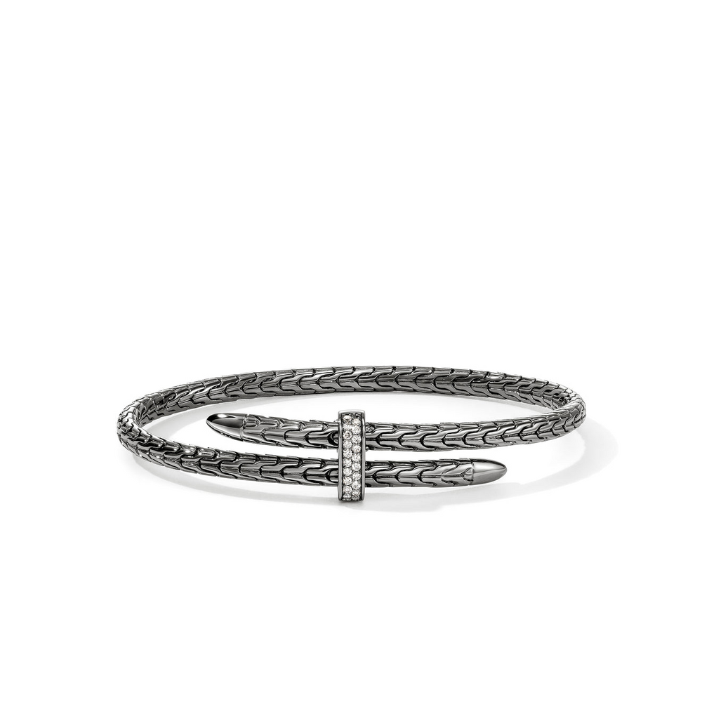 Spear Silver 0.16cttw Diamond Pave Bypass 4mm Flex Cuff with Black Rhodium Sz M by John Hardy