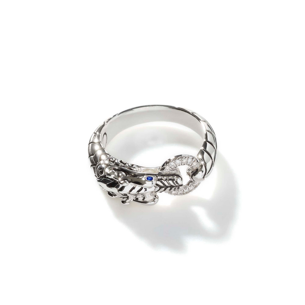 Naga Heritage Silver 0.04cttw Diamond Pave Drago Head Ring with Blue Sapphire Eyes Sz 6 by John Hardy