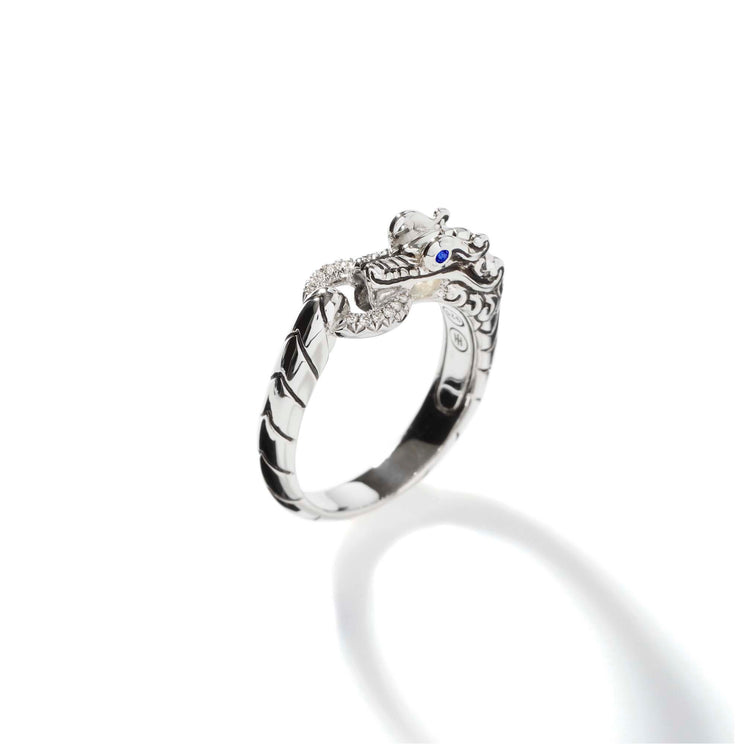 Naga Heritage Silver 0.04cttw Diamond Pave Drago Head Ring with Blue Sapphire Eyes Sz 6 by John Hardy