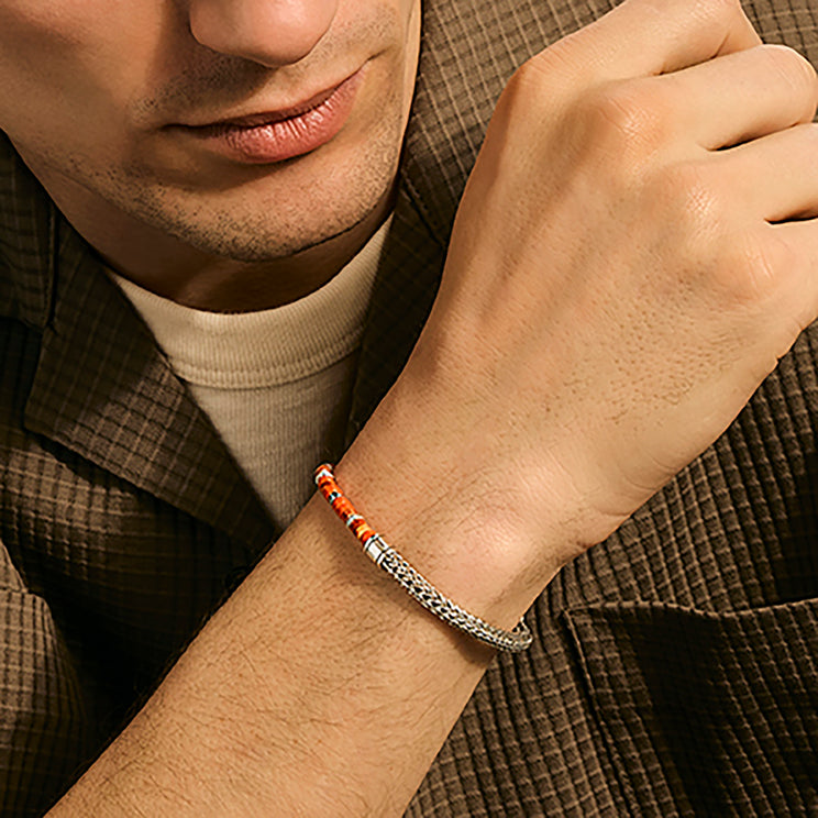 Heishi Silver Bracelet with 4.5mm Orange & Red Spiny Oyster Shell Beads & Orange Enamel Beads by John Hardy