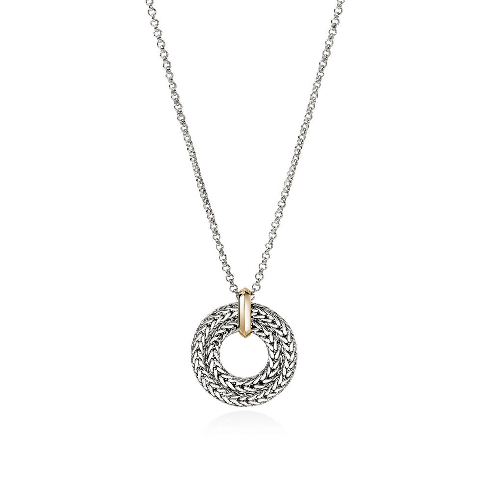 Icon Link 14K Gold & Silver Round Pendant on 2mm Rolo Chain Sz 16-18 by John Hardy