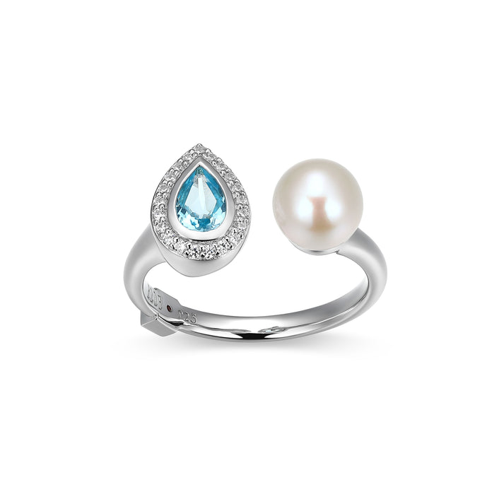 Silver Ring with White Pearl & Blue Topaz with CZ