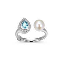 Silver Ring with White Pearl & Blue Topaz with CZ