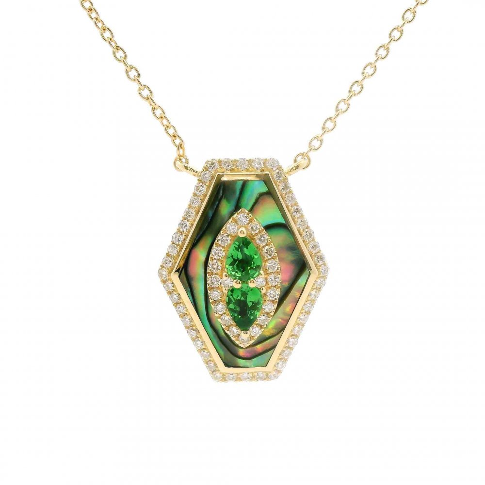 14K YG Abalone Shell Pendant with 0.35ct Tsavorite Center & 0.25cttw Diamond Halo 18"