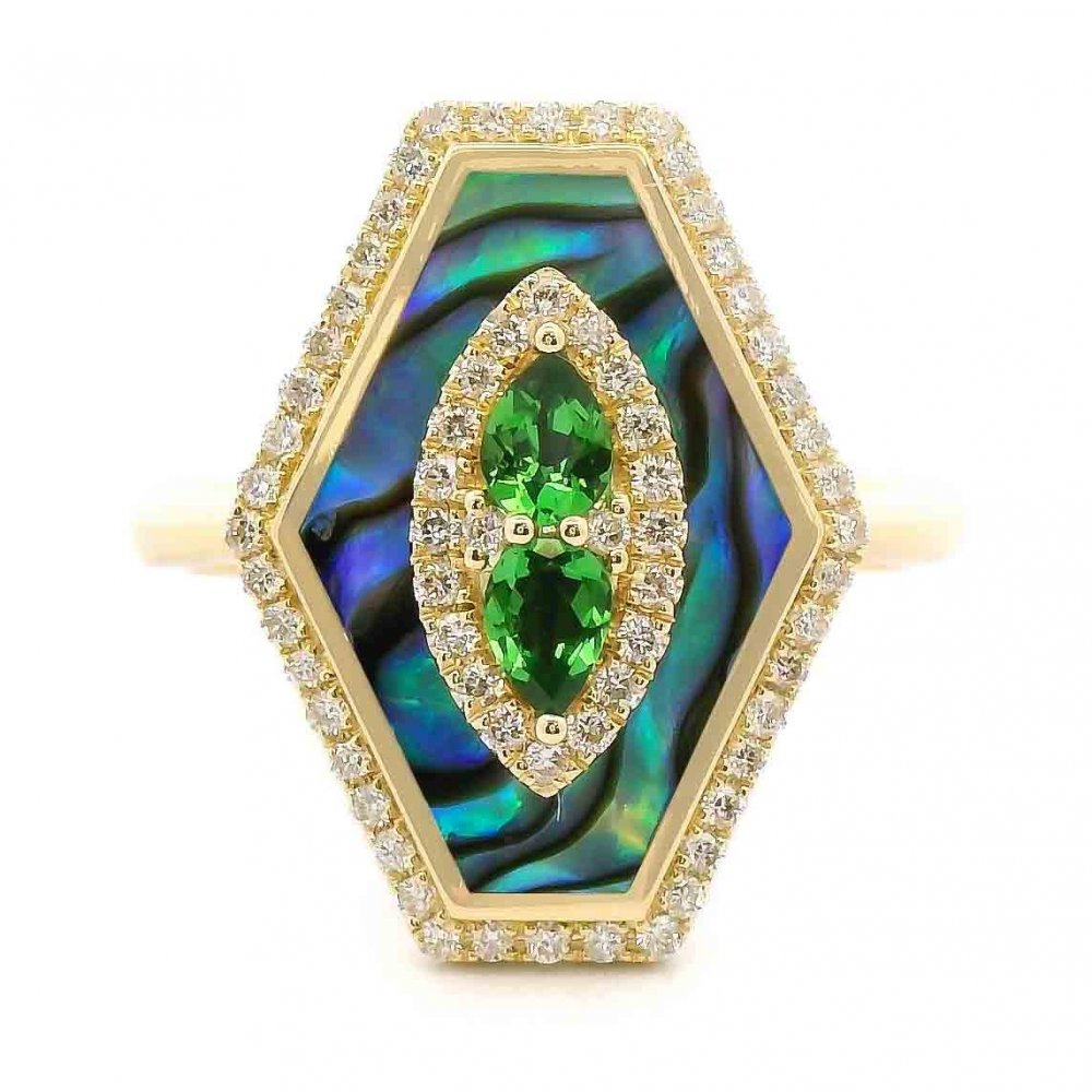 14K Yellow Gold Abalone Shell Ring with 0.35ct Tsavorite Center & 0.25cttw Diamond Halo