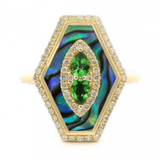 14K Yellow Gold Abalone Shell Ring with 0.35ct Tsavorite Center & 0.25cttw Diamond Halo