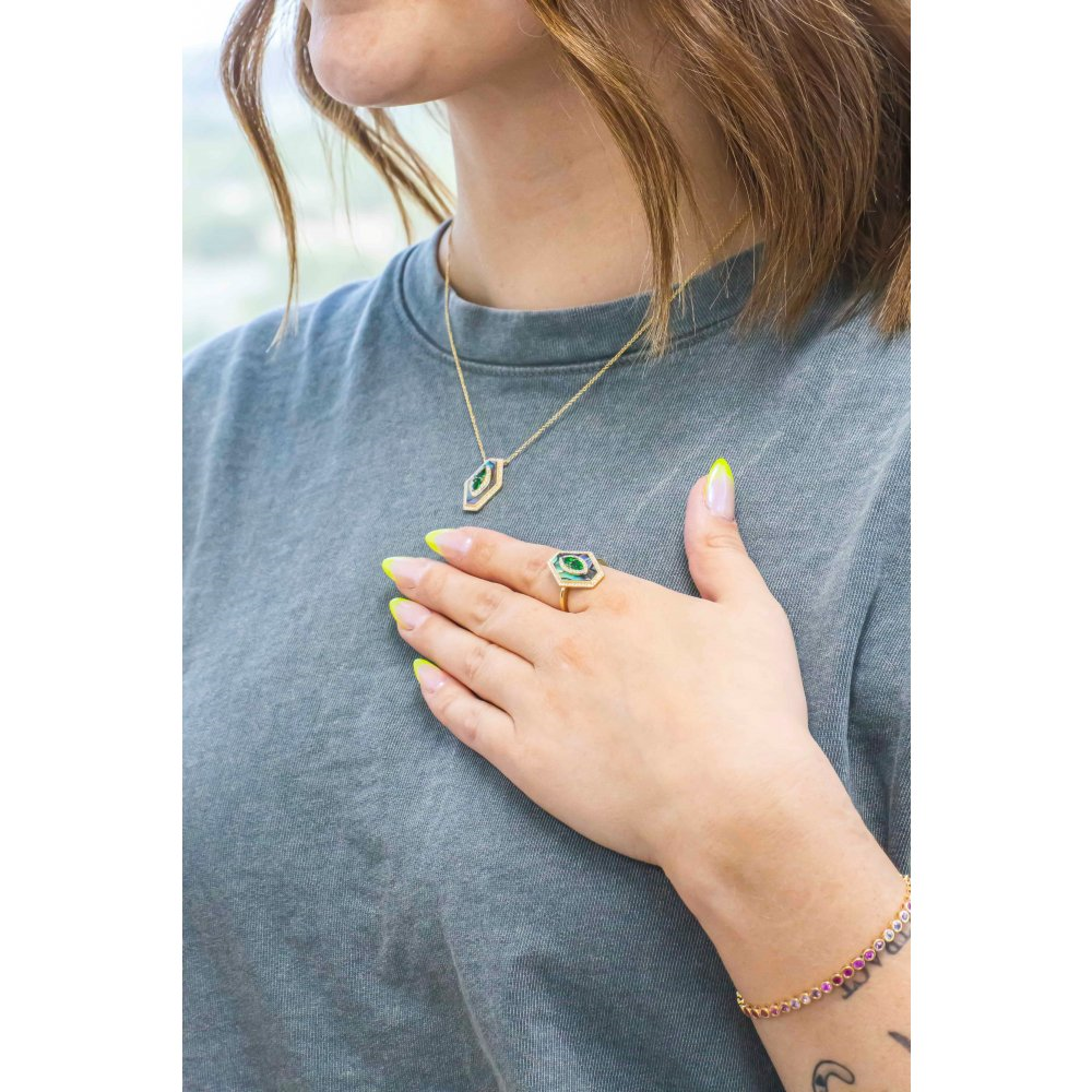14K Yellow Gold Abalone Shell Ring with 0.35ct Tsavorite Center & 0.25cttw Diamond Halo