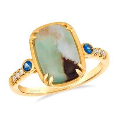 14K Honey Gold 6.33ct Peacock Aquaprase, 0.13cttw Blueberry Sapphire, & 0.10cttw Diamond Ring by LeVian