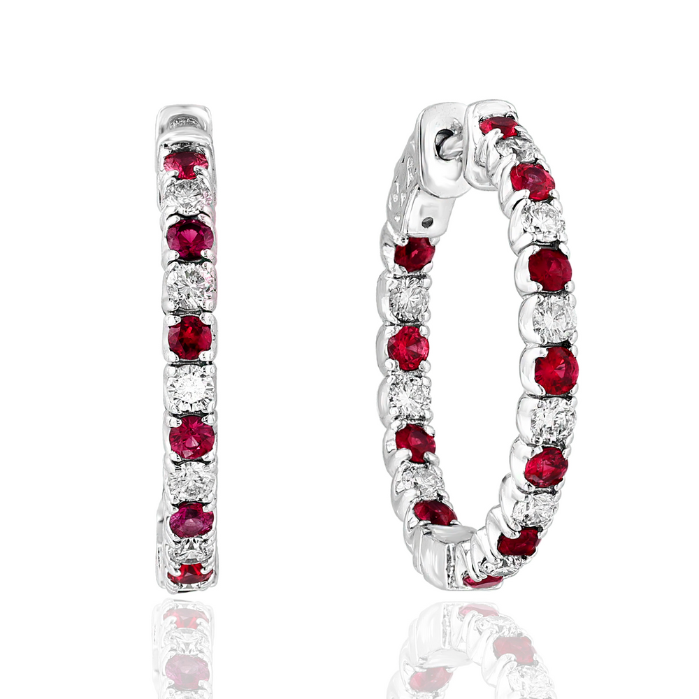 14K White Gold 1.25cttw Ruby & 1.00cttw Diamond Hoop Earrings