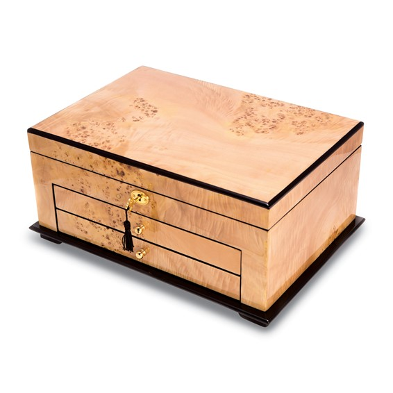 High Gloss Laquered Birdseye Maple Finish 2-Drawer Locking Wooden Jewelry Box