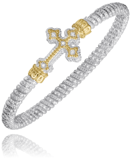 Sterling Silver & 14K Yellow Gold 4mm 0.10cttw Diamond Closed Band Cross Bracelet by Vahan