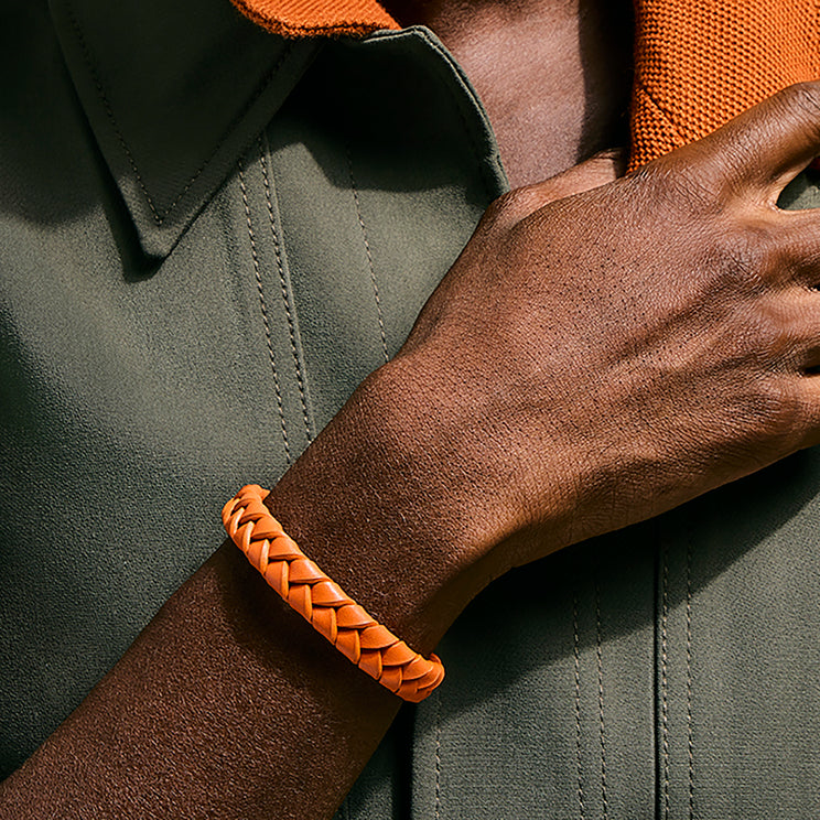Men's 12mm Braided Orange Leather Bracelet with Sterling Silver Pusher Clasp Size XL by John Hardy