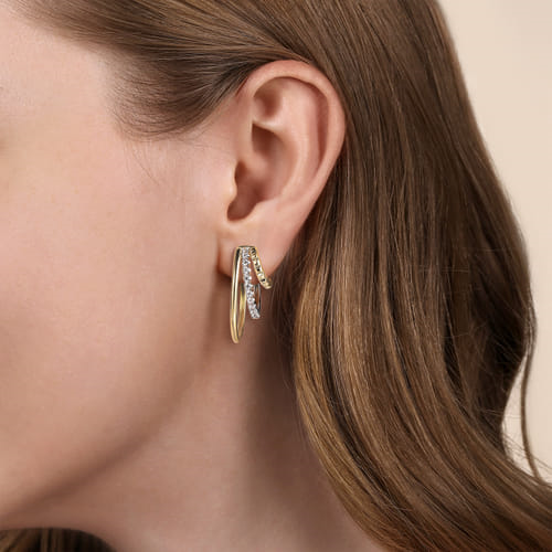 14K Yellow & White Gold Three Row J Hoop Stud Earrings by Gabriel