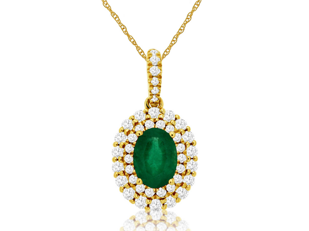 14K Yellow Gold 0.70ct Emerald & 0.39cttw Diamond Pendant Necklace