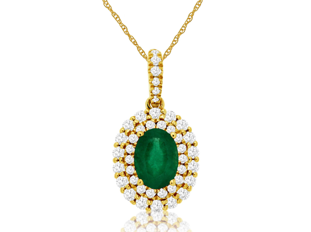 14K Yellow Gold 0.70ct Emerald & 0.39cttw Diamond Pendant Necklace