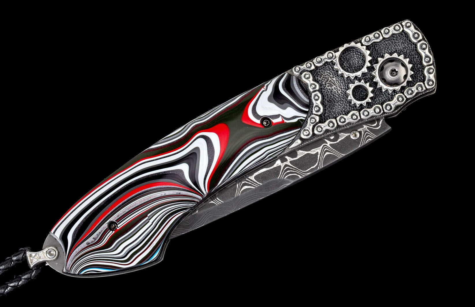 Hemi Hand Carved SS Inlaid with Fordite, Blade Intrepid Damascus, Kashmir Blue Topaz, 015/100 by William Henry