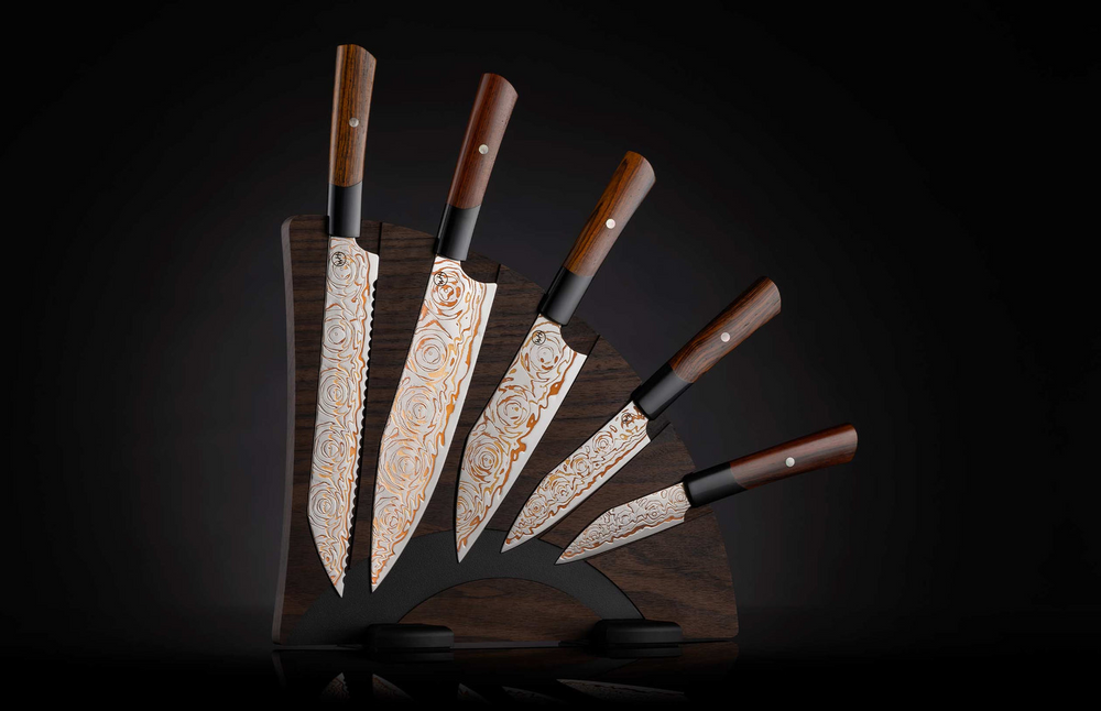 Kultro Flare Knives, Rainbow Damascus Blades, Cocobolo & Black Lip Pearl Handles With Walnut Rack By William Henry