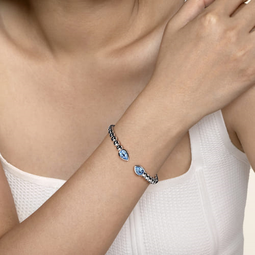 Sterling Silver Bujukan & Pear Shape 3.04cttw Blue Topaz Split Bangle Bracelet by Gabriel
