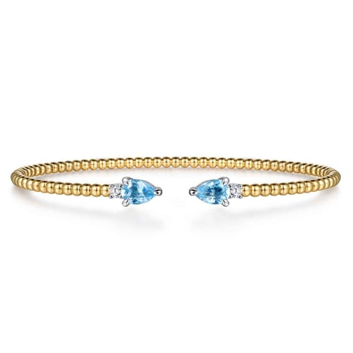 14K White & Yellow Gold Bujukan Open Cuff Bracelet with 0.94cttw Blue Topaz and 0.09cttw Diamond End Caps