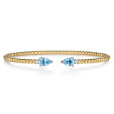 14K White & Yellow Gold Bujukan Open Cuff Bracelet with 0.94cttw Blue Topaz and 0.09cttw Diamond End Caps