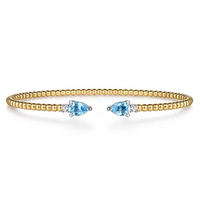 14K White & Yellow Gold Bujukan Open Cuff Bracelet with 0.94cttw Blue Topaz and 0.09cttw Diamond End Caps
