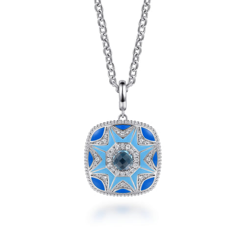 Sterling Silver Bujukan 0.52cttw White Sapphire & 1.08cttw Blue Topaz Necklace with Blue & Dust Blue Enamel by Gabriel
