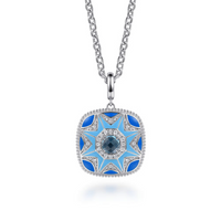Sterling Silver Bujukan 0.52cttw White Sapphire & 1.08cttw Blue Topaz Necklace with Blue & Dust Blue Enamel by Gabriel