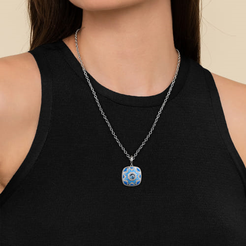 Sterling Silver Bujukan 0.52cttw White Sapphire & 1.08cttw Blue Topaz Necklace with Blue & Dust Blue Enamel by Gabriel