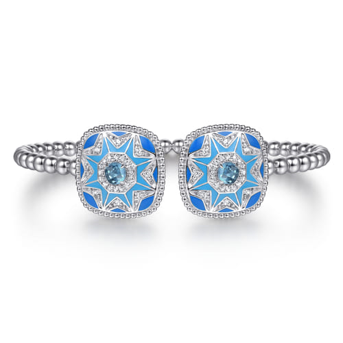 Sterling Silver Bujukan 0.38cttw White Sapphire & 0.73cttw Blue Topaz Open Bangle with Blue & Dust Blue Enamel by Gabriel
