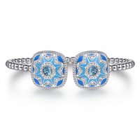 Sterling Silver Bujukan 0.38cttw White Sapphire & 0.73cttw Blue Topaz Open Bangle with Blue & Dust Blue Enamel by Gabriel