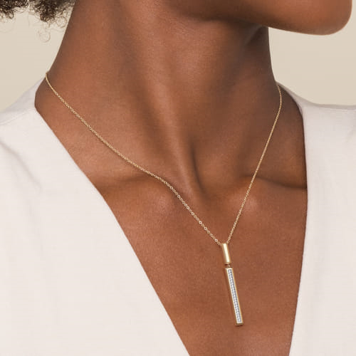 14K Yellow Gold 0.13cttw SI H-I Diamond Elongated Pyramid Drop Necklace by Gabriel