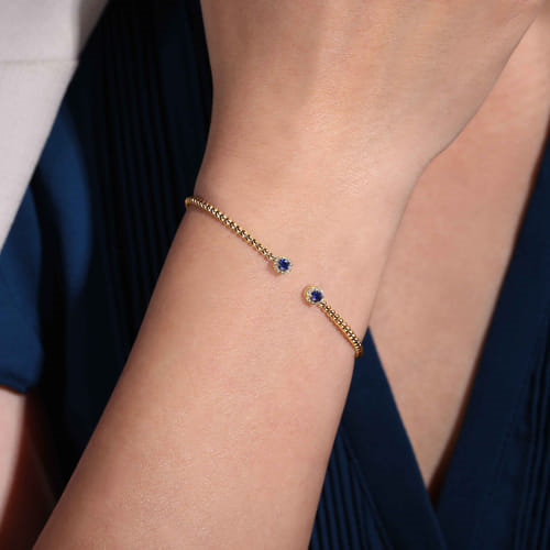 14K Yellow Gold Bujukan Bead Split Cuff Bracelet with 0.24cttw Sapphire & 0.12cttw Diamond by Gabriel
