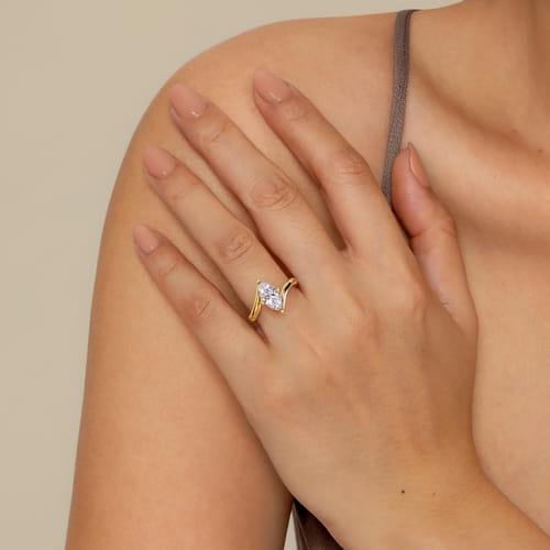 14K Yellow Gold Compass Prong Bypass Marquise Cut Diamond Engagement Ring to Hold 1.5ct