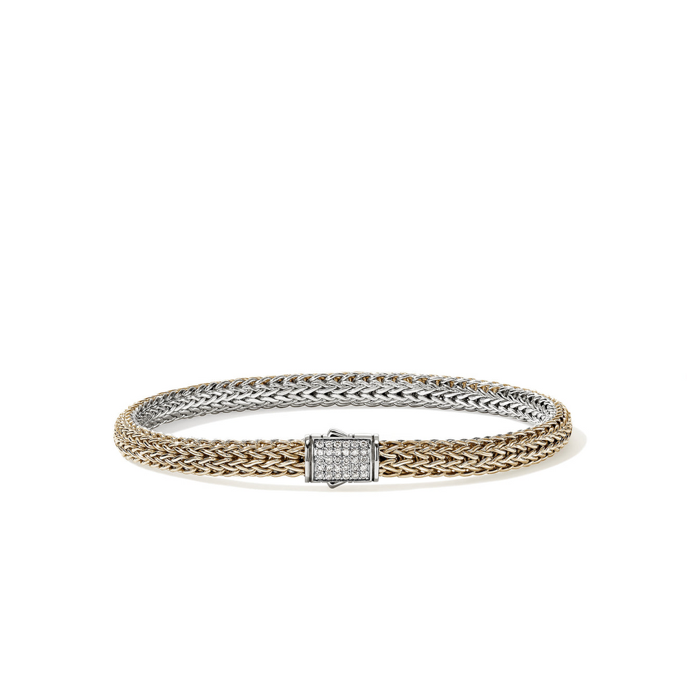 Icon 14K Gold & Silver 0.15cttw Diamond Pave 5mm XS Reversible Bracelet Sz M by John Hardy