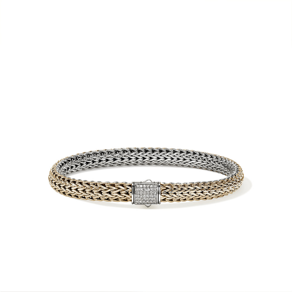 Icon 14K Gold & Silver 0.18cttw Diamond Pave 6.5mm Reversible Bracelet Sz M by John Hardy