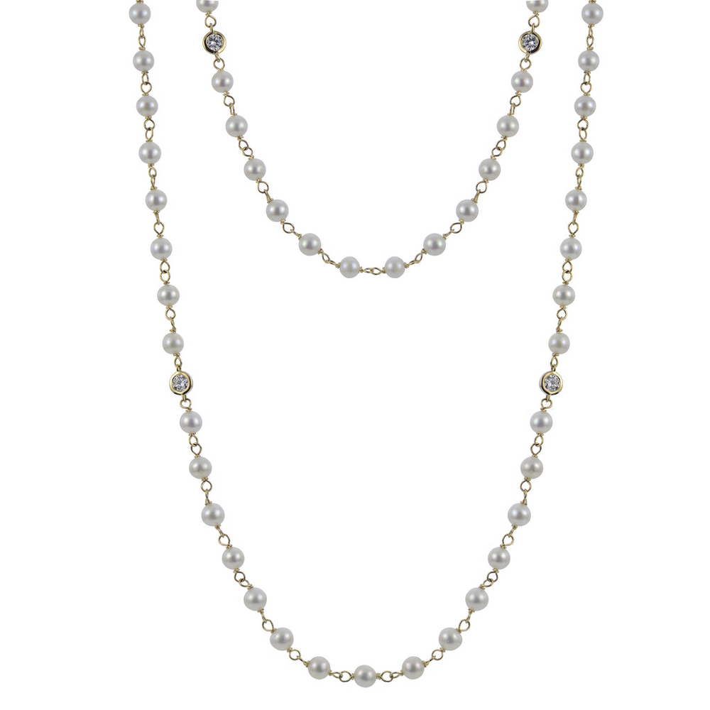 14K Yellow Gold 3.5-4mm Fresh Water Cultured Pearl & 1.00cttw LAB GROWN Diamond Necklace 42"