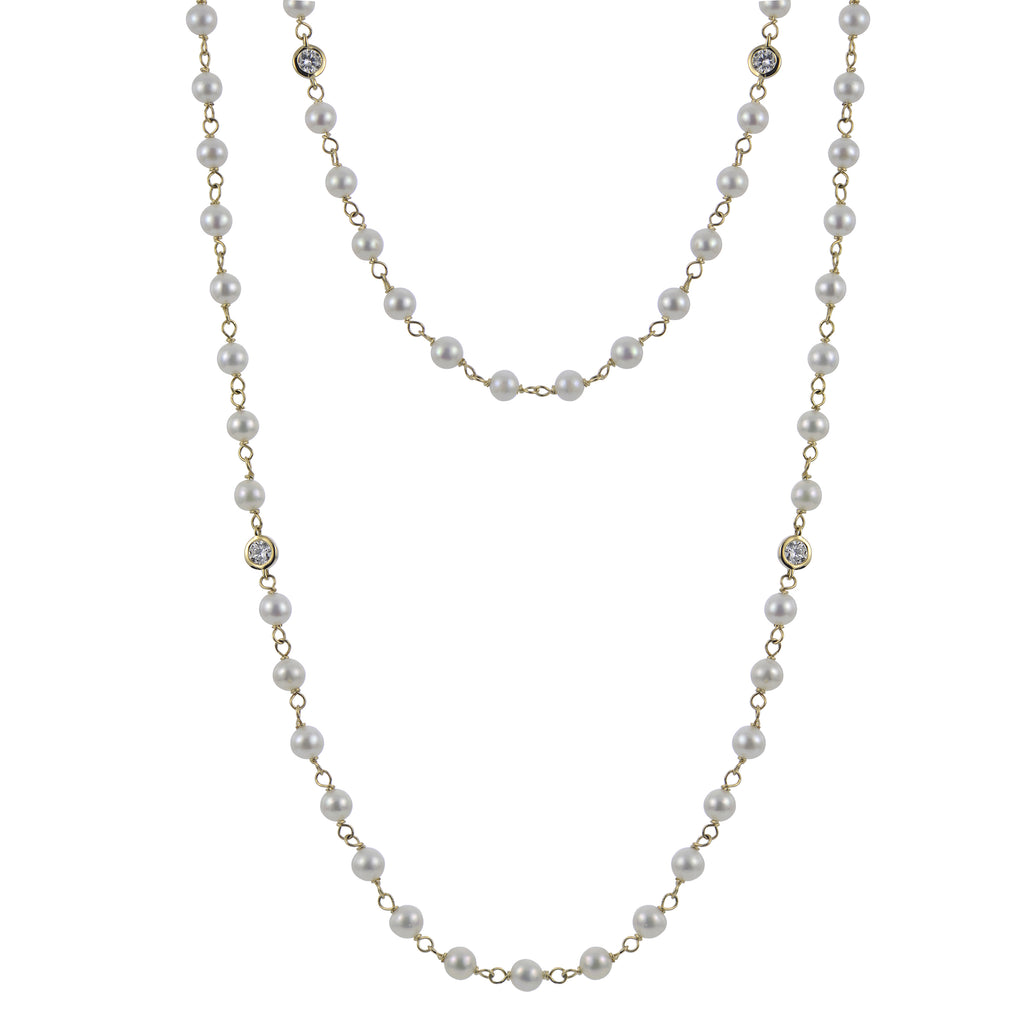 14K Yellow Gold 3.5-4mm Fresh Water Cultured Pearl & 1.00cttw LAB GROWN Diamond Necklace 42"
