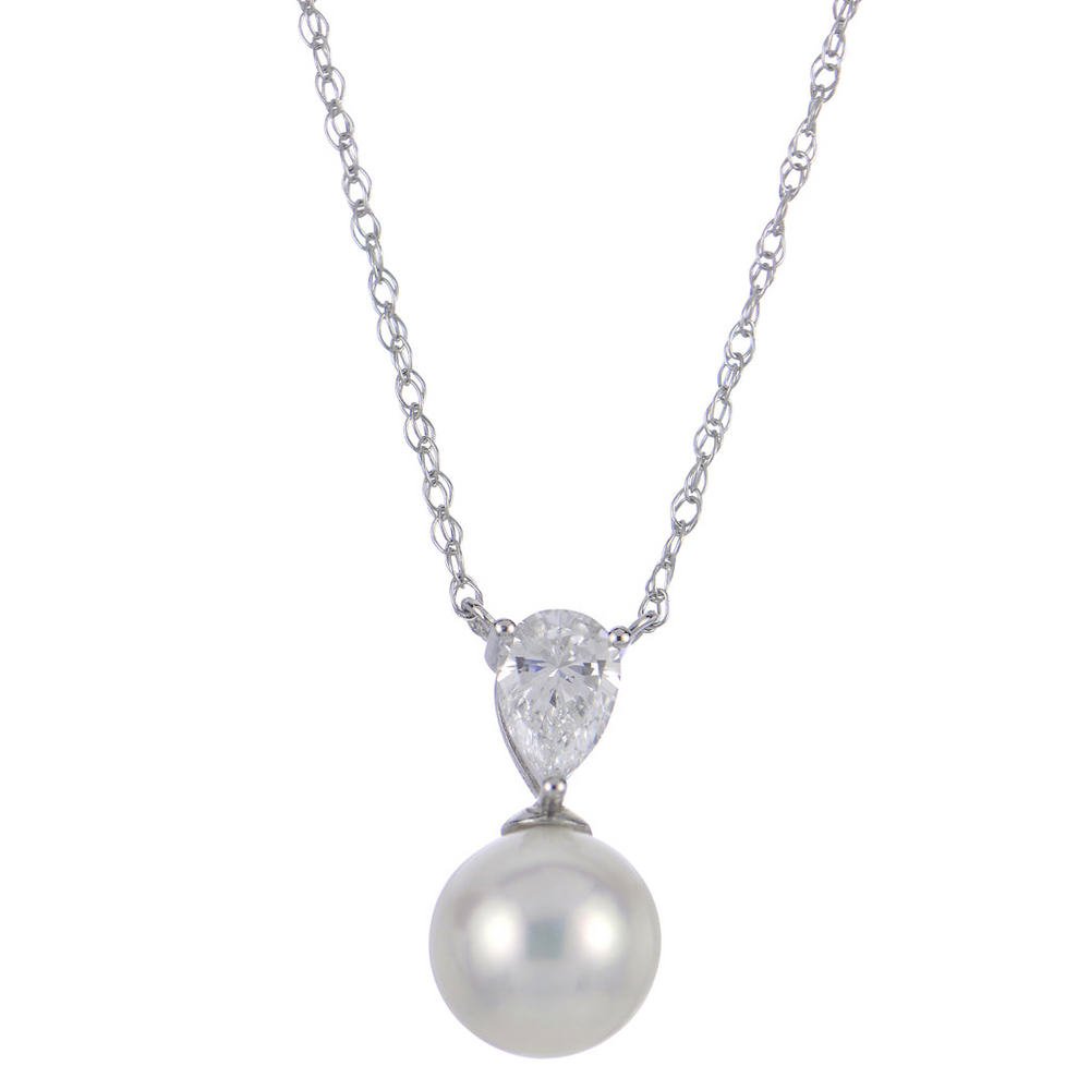 14K White Gold 6-6.5mm AA Fresh Water Cultured Pearl & 0.22ct LAB GROWN Diamond Necklace 18"