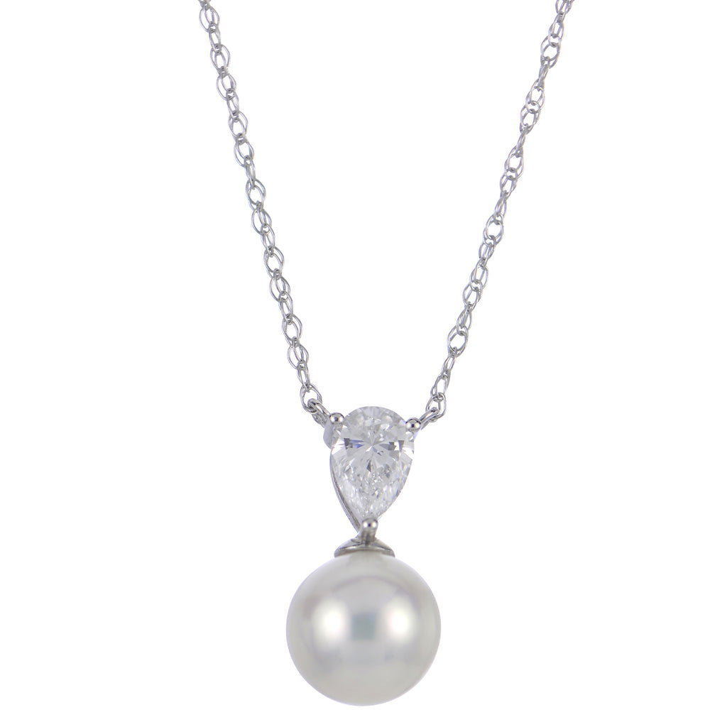 14K White Gold 6-6.5mm AA Fresh Water Cultured Pearl & 0.22ct LAB GROWN Diamond Necklace 18"