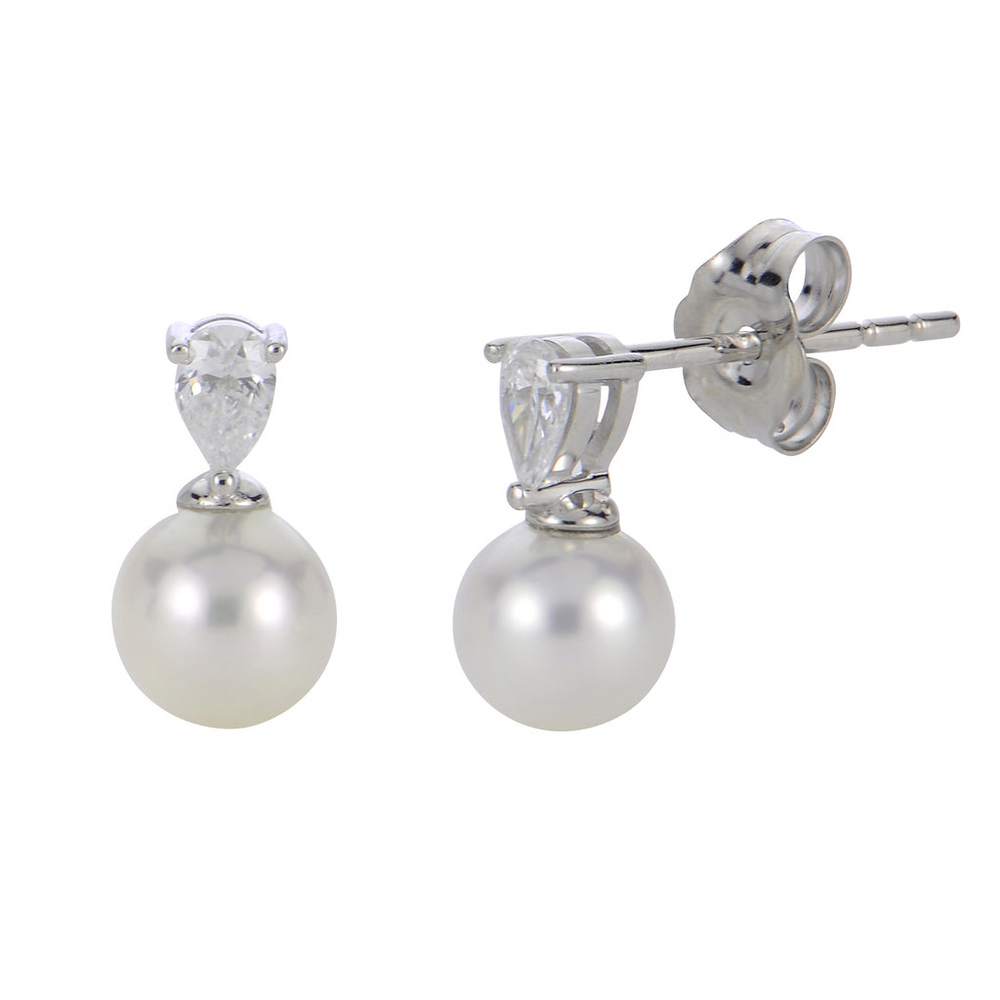 14K White Gold 5.5-6mm AA Fresh Water Cultured Pearl & 0.20cttw LAB GROWN Diamond Earrings