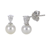 14K White Gold 5.5-6mm AA Fresh Water Cultured Pearl & 0.20cttw LAB GROWN Diamond Earrings