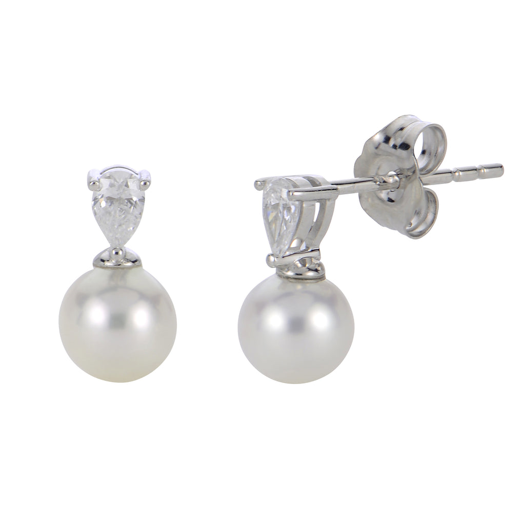 14K White Gold 5.5-6mm AA Fresh Water Cultured Pearl & 0.20cttw LAB GROWN Diamond Earrings