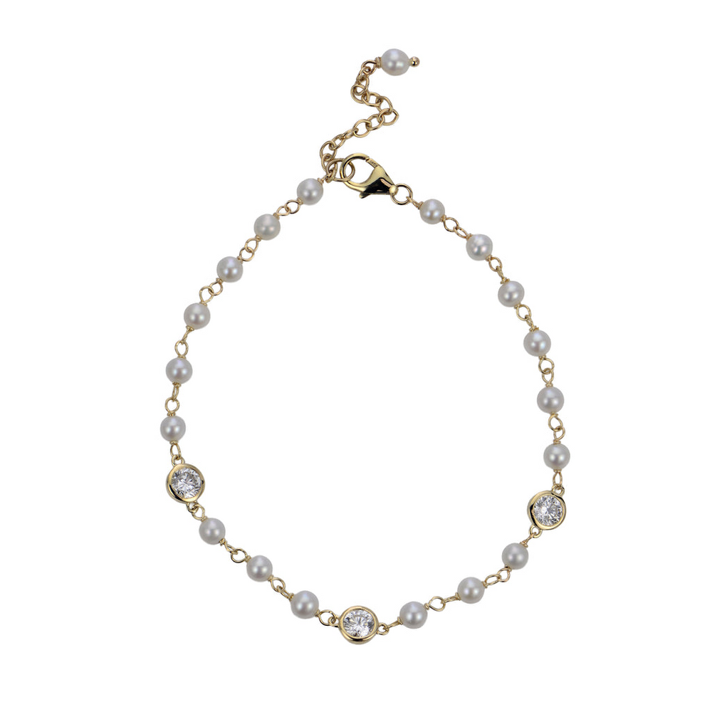 14K Yellow Gold Fresh Water Cultured Pearl & 0.75cttw LAB GROWN Diamond Bracelet 6.5" +1"