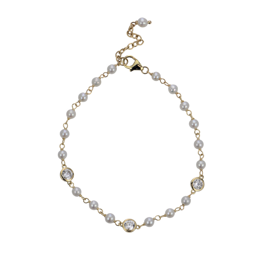 14K Yellow Gold Fresh Water Cultured Pearl & 0.75cttw LAB GROWN Diamond Bracelet 6.5" +1"