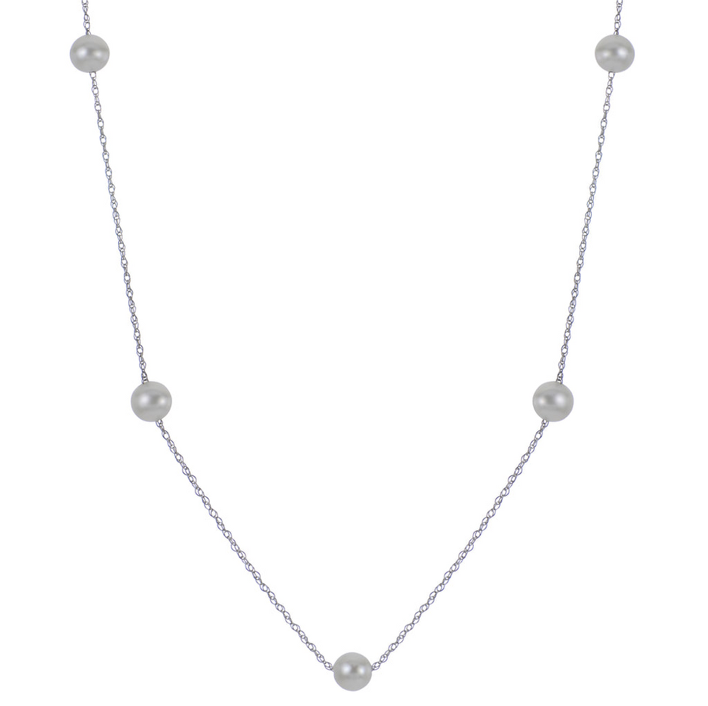 14K White Gold 4.5-5mm AA Fresh Water Cultured Pearl Station Necklace 16-18"