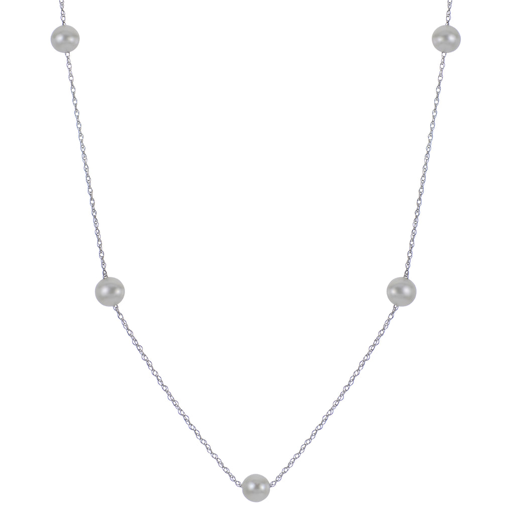 14K White Gold 4.5-5mm AA Fresh Water Cultured Pearl Station Necklace 16-18"