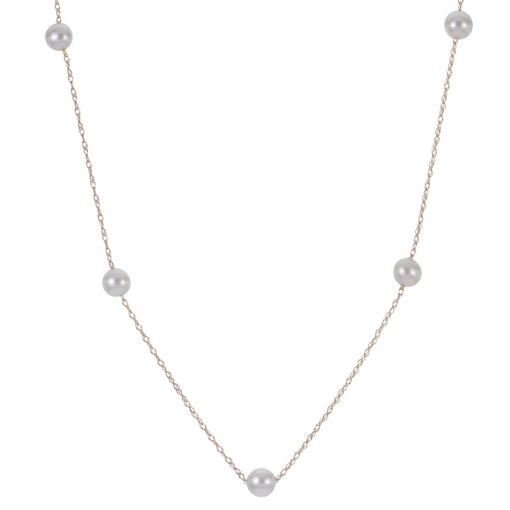14K Yellow Gold 4.5-5mm AA Fresh Water Cultured Pearl Station Necklace 16-18"