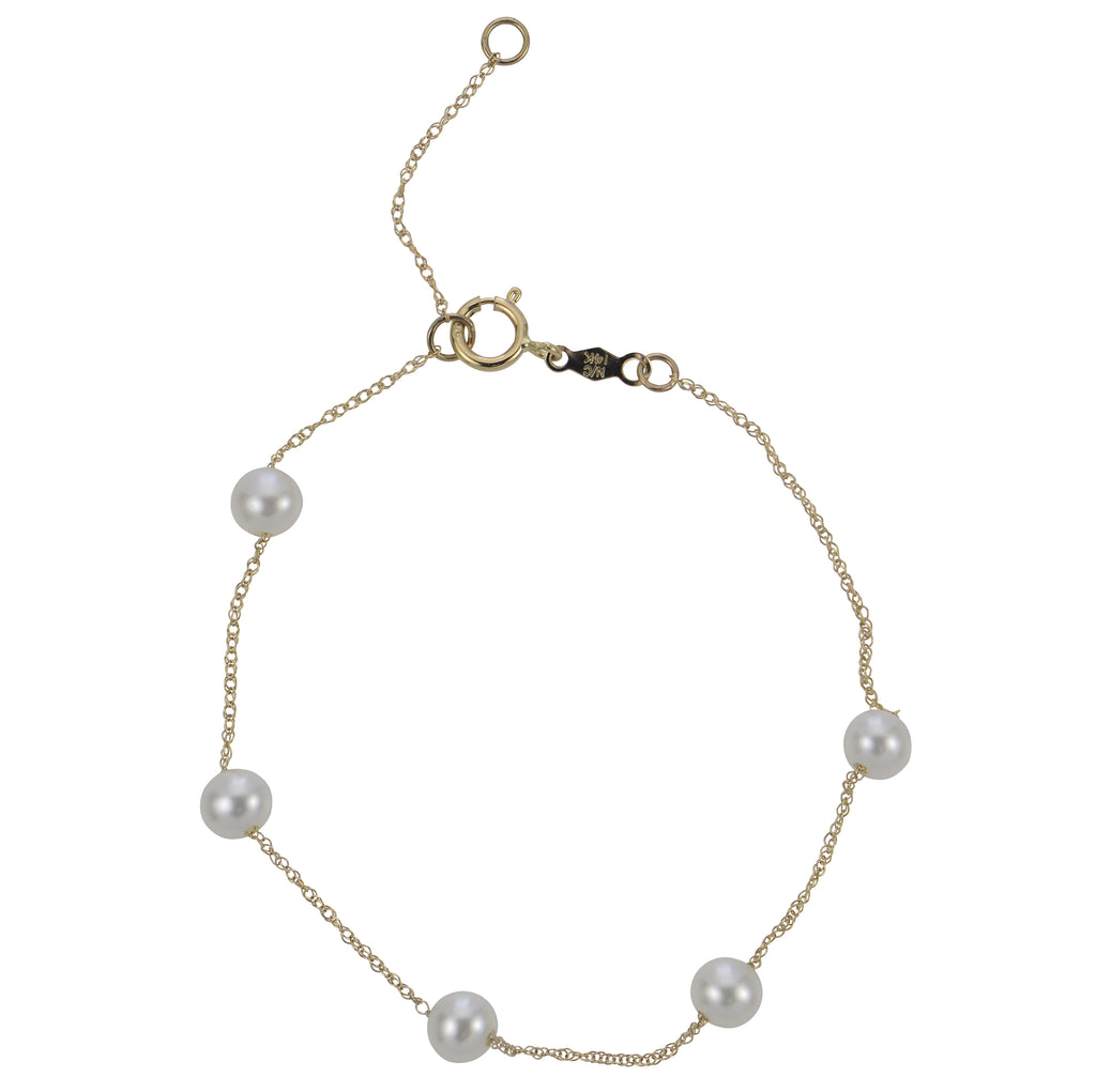 14K Yellow Gold 4.5-5mm AA Fresh Water Cultured Pearl Station Bracelet 6.5-7.5"
