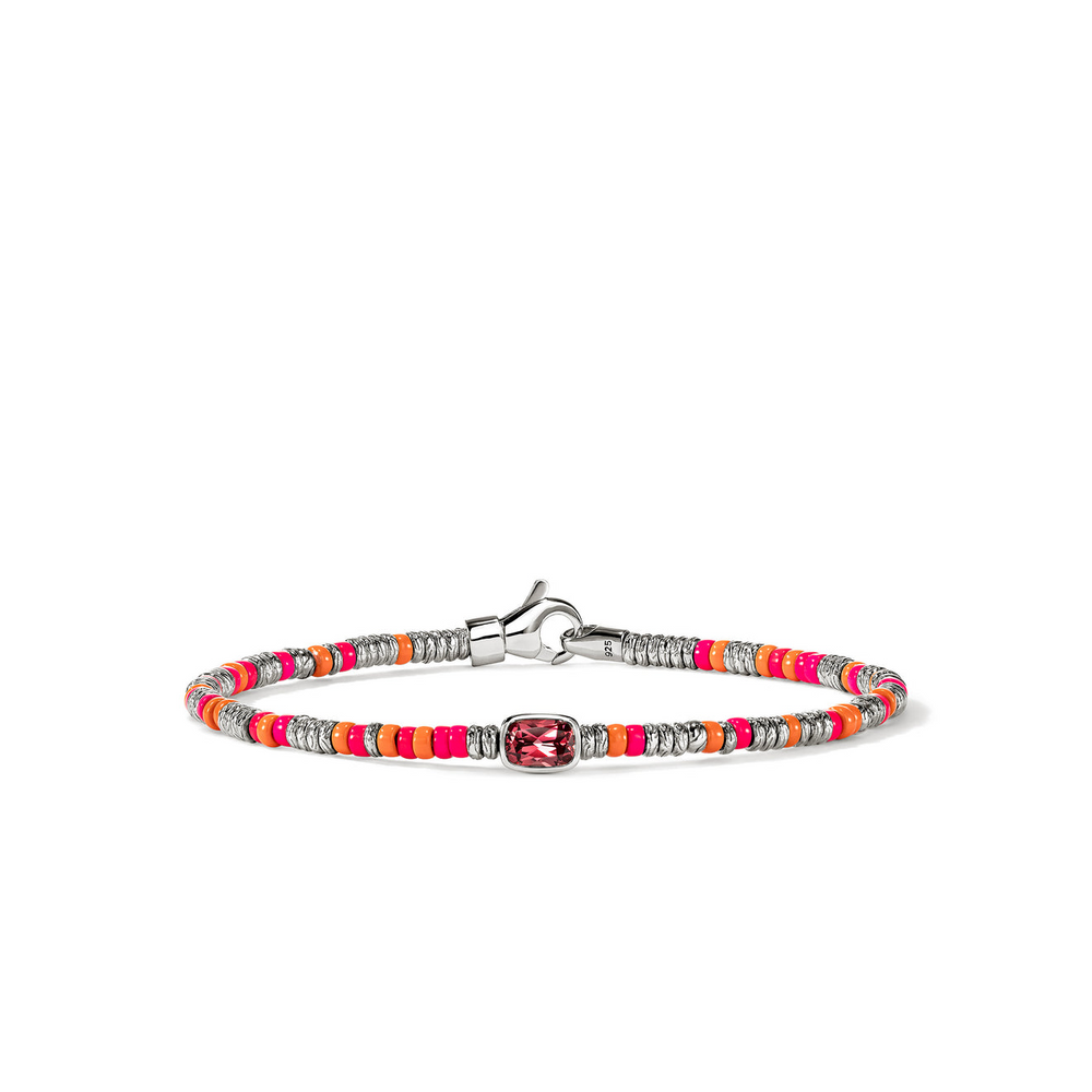 Heishi Silver Beads Bracelet with Rhodolite & Orange & Neon Pink Enamel Beads Sz M by John Hardy